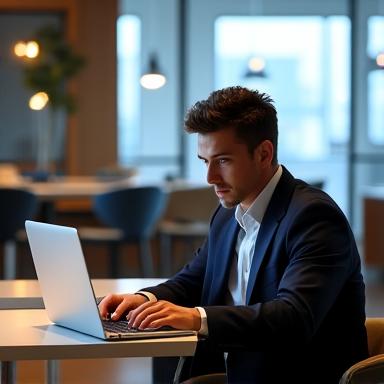 A professional working on a laptop in a modern airport business lounge.