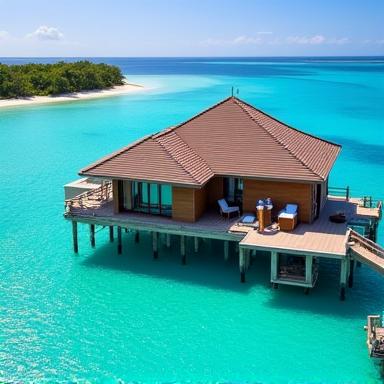 An overwater bungalow in the Maldives with crystal clear water.